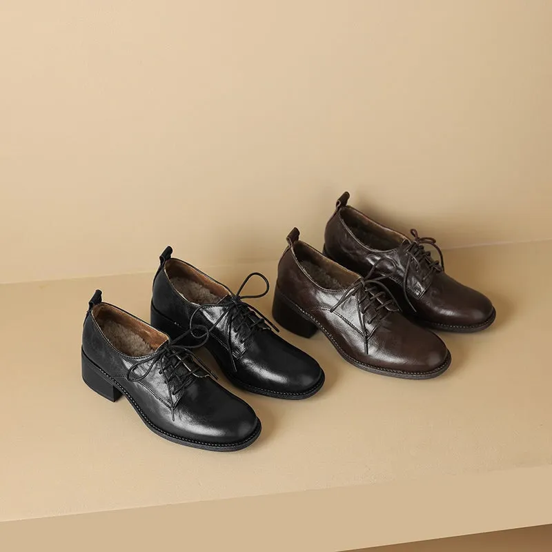 Round Toe Sheepskin Lace-Up Oxford Shoes with 50mm Block Heel Black/Brown