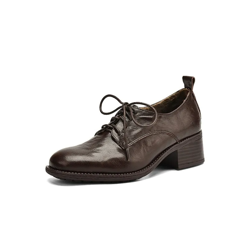 Round Toe Sheepskin Lace-Up Oxford Shoes with 50mm Block Heel Black/Brown