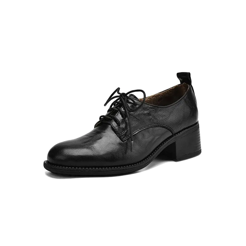 Round Toe Sheepskin Lace-Up Oxford Shoes with 50mm Block Heel Black/Brown