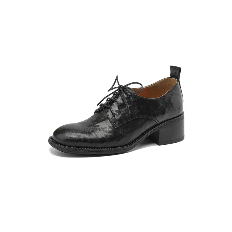 Round Toe Sheepskin Lace-Up Oxford Shoes with 50mm Block Heel Black/Brown