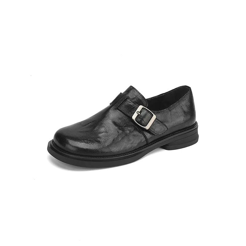 Vintage Round Toe British Preppy Style Sheepskin Womens Monk Strap Loafers in Black/Brown