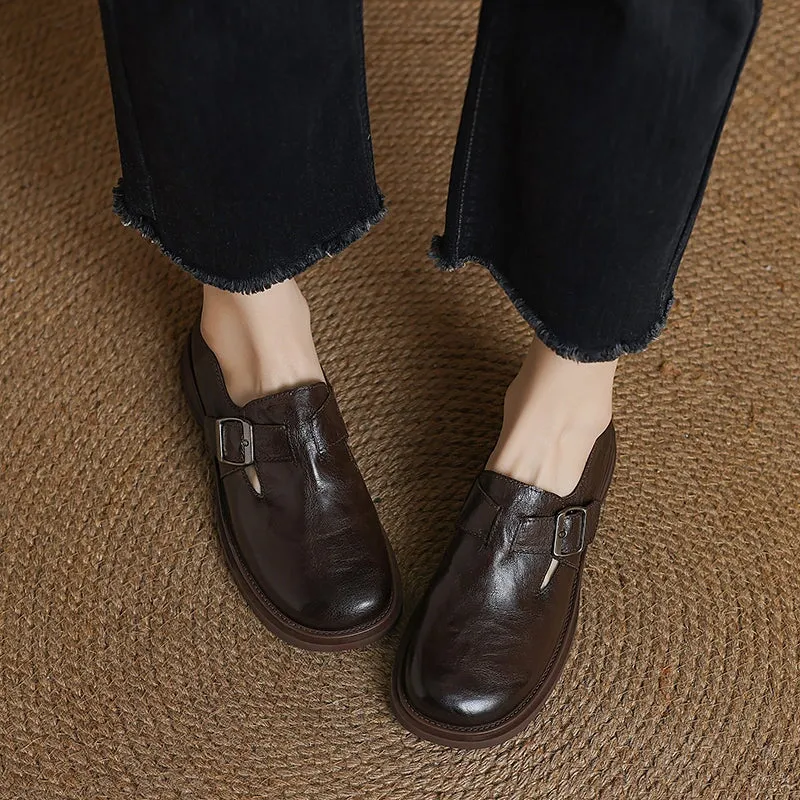 Vintage Round Toe British Preppy Style Sheepskin Womens Monk Strap Loafers in Black/Brown
