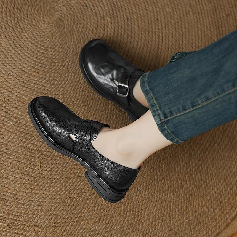 Vintage Round Toe British Preppy Style Sheepskin Womens Monk Strap Loafers in Black/Brown