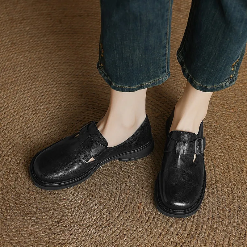 Vintage Round Toe British Preppy Style Sheepskin Womens Monk Strap Loafers in Black/Brown