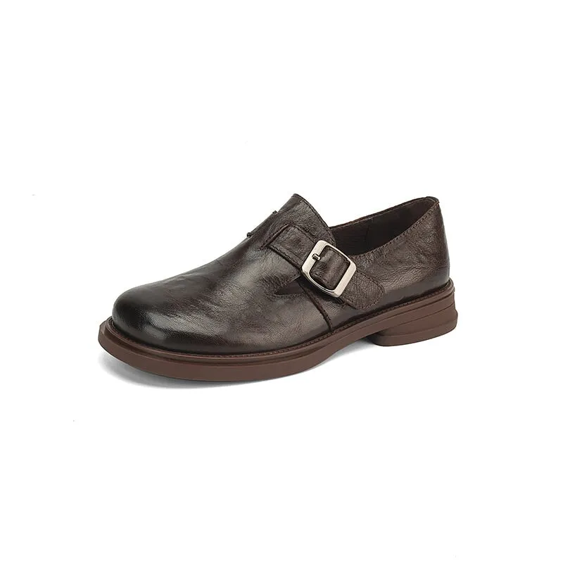 Vintage Round Toe British Preppy Style Sheepskin Womens Monk Strap Loafers in Black/Brown