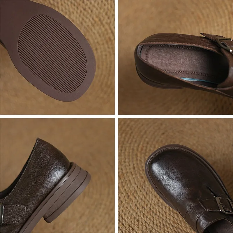 Vintage Round Toe British Preppy Style Sheepskin Womens Monk Strap Loafers in Black/Brown