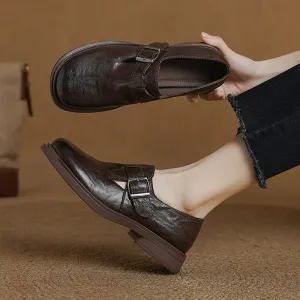 Vintage Round Toe British Preppy Style Sheepskin Womens Monk Strap Loafers in Black/Brown
