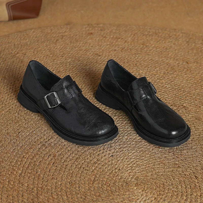 Vintage Round Toe British Preppy Style Sheepskin Womens Monk Strap Loafers in Black/Brown