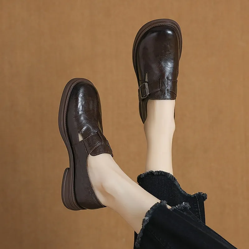 Vintage Round Toe British Preppy Style Sheepskin Womens Monk Strap Loafers in Black/Brown