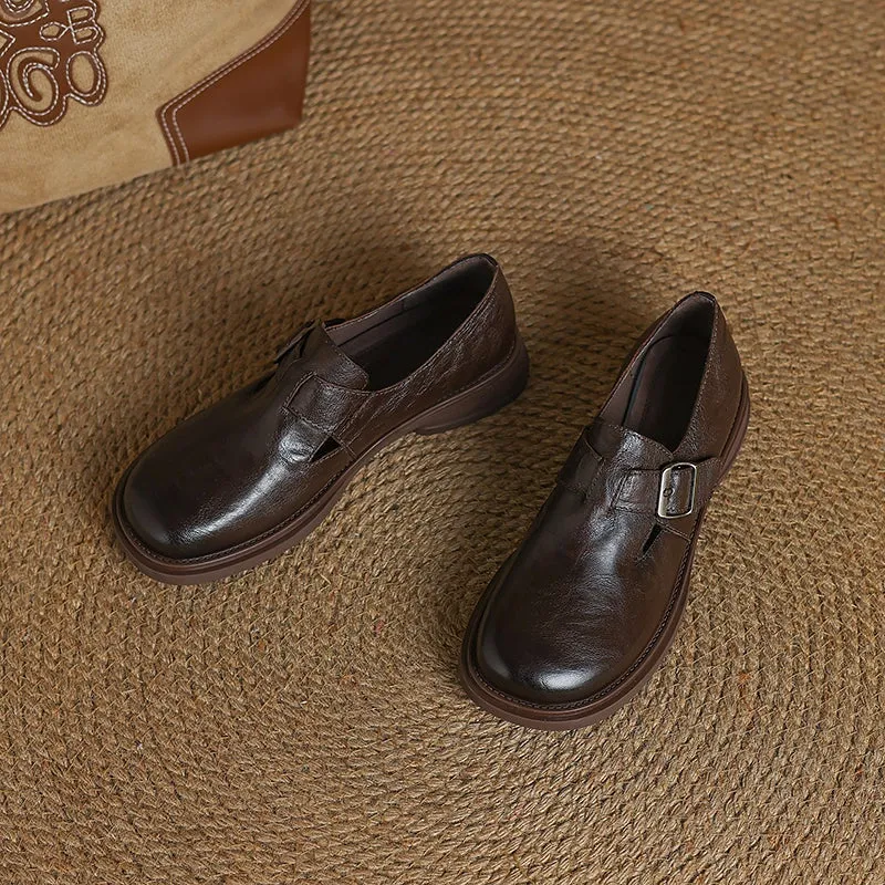 Vintage Round Toe British Preppy Style Sheepskin Womens Monk Strap Loafers in Black/Brown