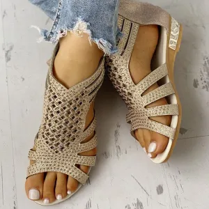 Women sequin rhinestone peep toe low wedge sandals with back zipper