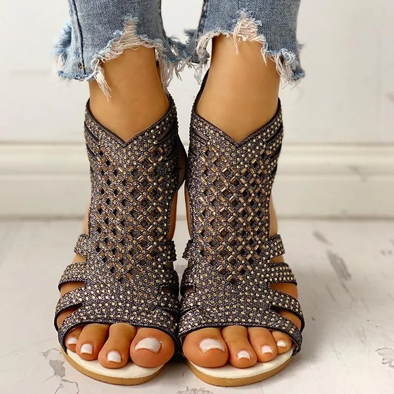 Women sequin rhinestone peep toe low wedge sandals with back zipper