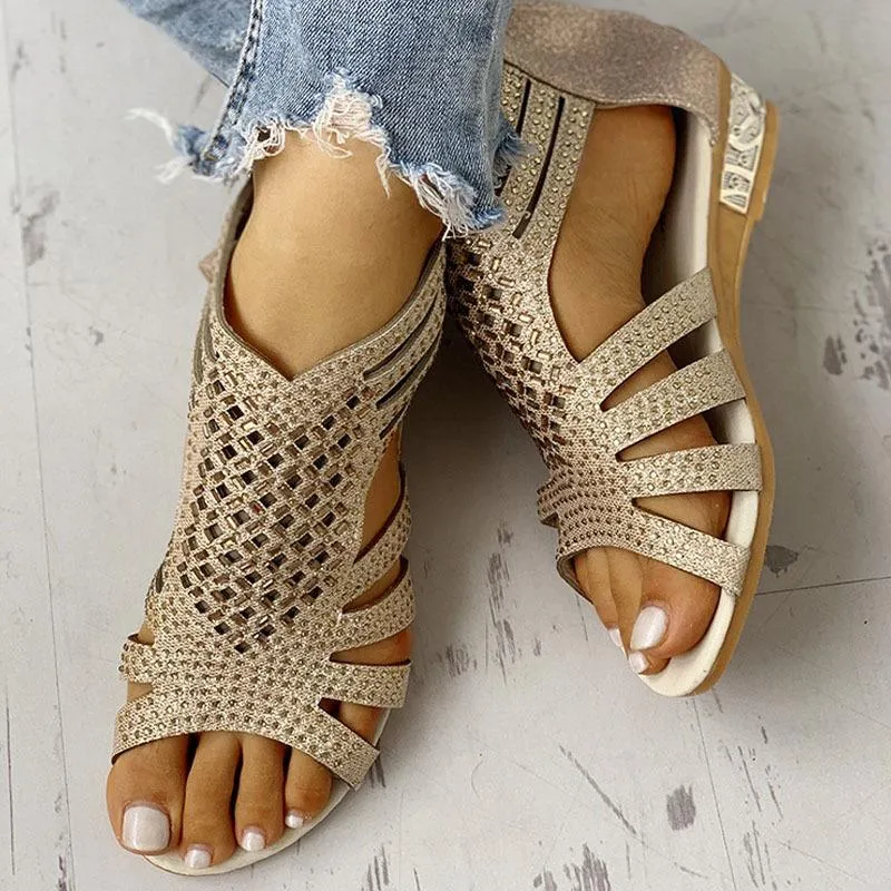 Women sequin rhinestone peep toe low wedge sandals with back zipper