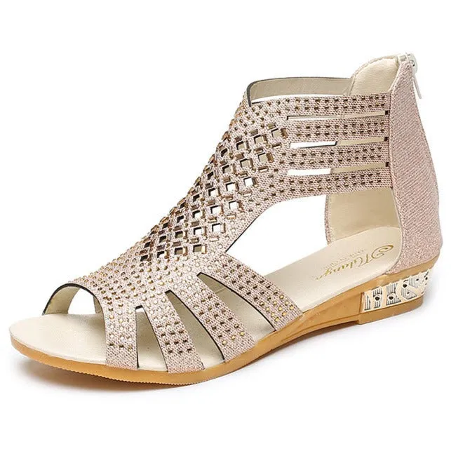 Women sequin rhinestone peep toe low wedge sandals with back zipper